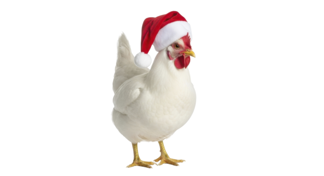 Festive white chicken wearing Santa hat on a transparent background PNG file