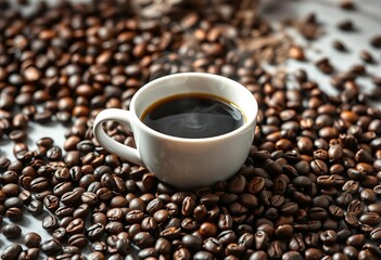 Fototapeta premium Dark roast coffee beans scattered around a steaming cup, close-up, coffee culture