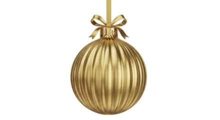 Shiny gold ribbed Christmas ornament hanging by a festive bow on a transparent background PNG image