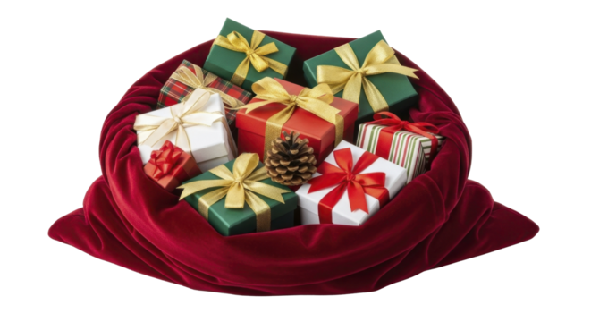 Festive Red Velvet Sack Full of Holiday Presents and Pine Cone on a Transparent Background PNG Image