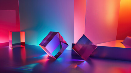 Translucent Technology Scene with Neon Gradient Background and Staggered Clear Crystal Cubes Creating a Spectacular Light and Shadow Display