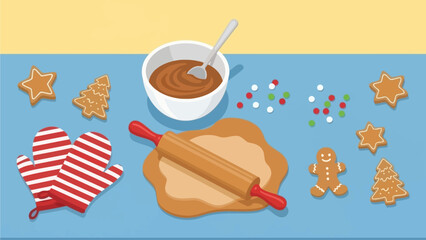 Christmas baking scene with gingerbread cookies, rolling pin, and baking supplies