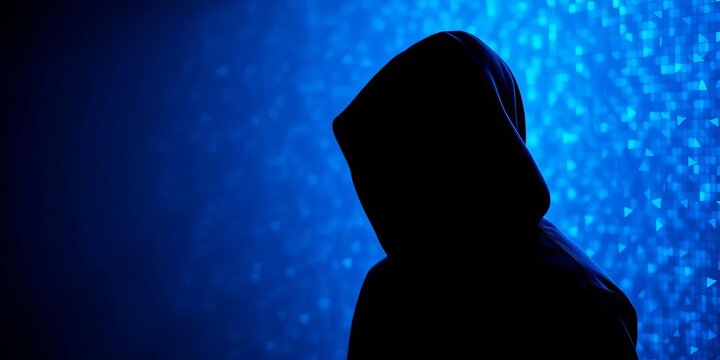 Dark hooded figure silhouette against a blue holographic pixelated background,   virtual world,  silhouette