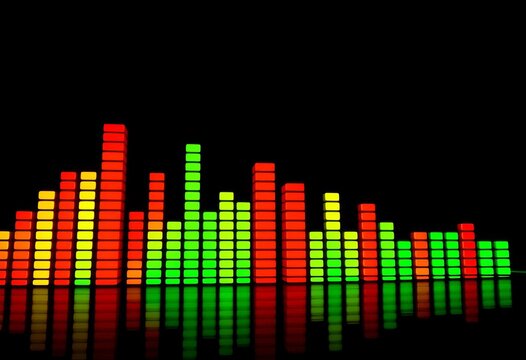 Dynamic music equalizer bars glowing on black background,  rhythm,  frequency