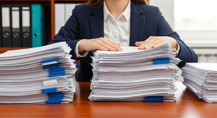 Professional businesswoman organizing stacks of important documents, managing paperwork efficiently in a modern office setting