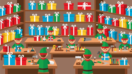 Christmas elves busy crafting and packing gifts in a workshop filled with presents for the holiday season