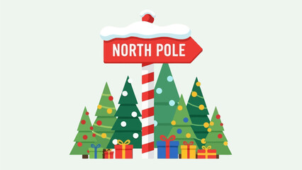 North Pole signpost surrounded by decorated Christmas trees and gift boxes, symbolizing the festive holiday season and winter wonder