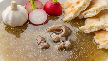 Fototapeta premium Salty Delight: A bowl of traditional broth, adorned with freshly cut radish, crispy bread, and garlic bulbs, offering a simple yet savory culinary experience.