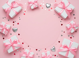 White gift box with pink ribbon, small heart confetti, metallic heart decoration, pastel pink background, romantic celebration scene, soft lighting, festive arrangement