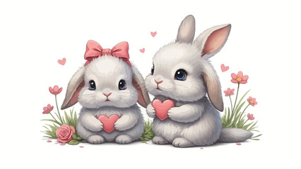 Fototapeta premium Charming Bunny Couple with Hearts and Floral Accents for Valentine's Day Celebration
