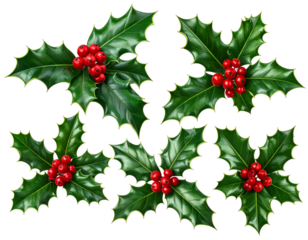 Five green holly sprigs with bright red berries on black background