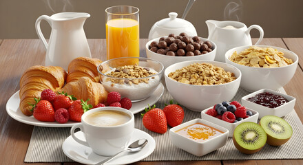 Abundant Breakfast Buffet with Croissants, Cereal, Fruits, and Coffee