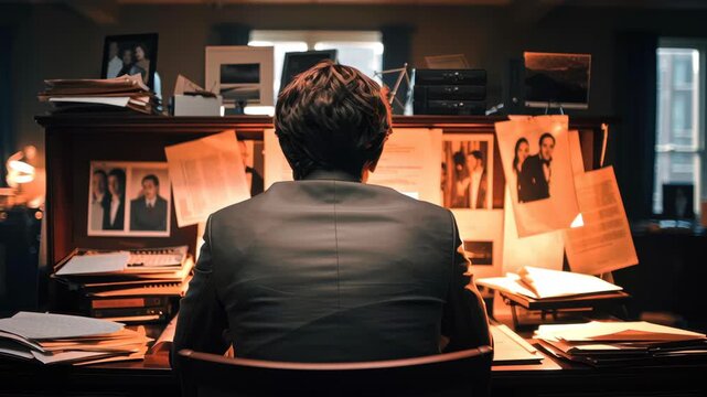 Investigator office desk paperwork photos lamp night research detective evidence case crime document notes wall board clue suspect mystery vintage