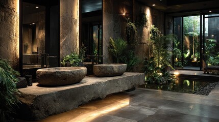 Luxurious spa-like bathroom with stone sinks, plants, and natural light design