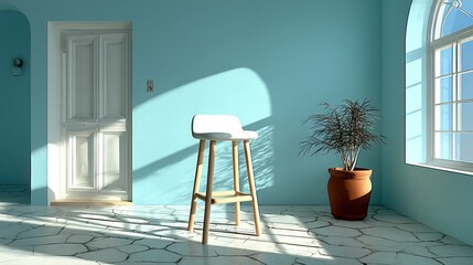 Minimalist Interior with a White Chair, Plant and Natural Light in Cyan Room