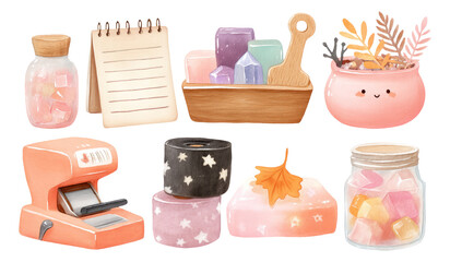 Colorful Crafting Accessories on Desk with Watercolor Cute Pastel Illustrations