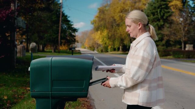 Woman walking along a suburban road to a mailbox holding a letter, preparing to send mail on a clear autumn day