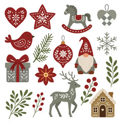 Festive scandinavian christmas decorative elements design in traditional style for special celebration of the year.