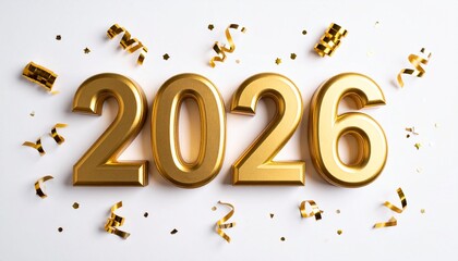 Golden "2026" numerals surrounded by scattered gold confetti on a white background.