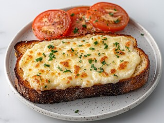 Close-up shot of a grilled cheese sandwich with sliced tomatoes on a plate. The sandwich is topped with melted cheese and garnished with parsley.