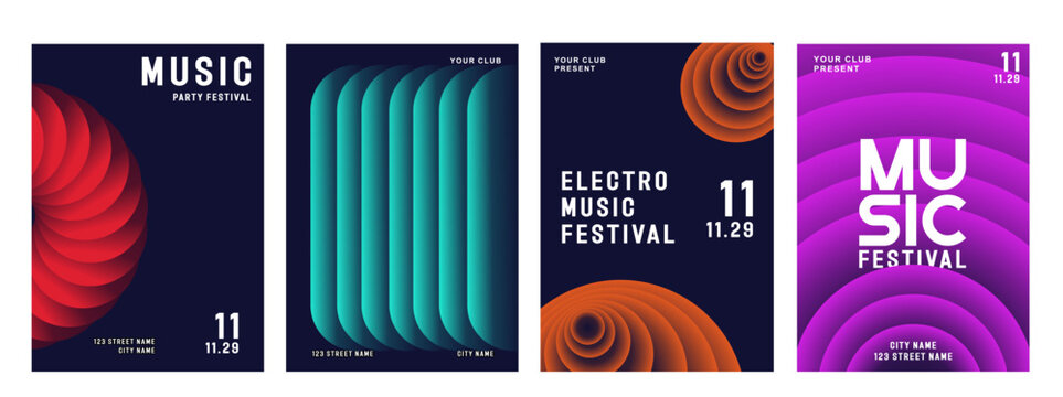 Music poster design background vector set. Electro Sound Cover template with vibrant abstract gradient geometric shape. Ideal design for social media, flyer, party, music festival, club.