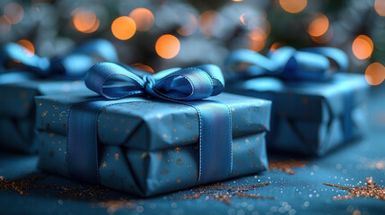 Luxury blue gift box adorned with sparkling golden pinecone and wide ribbon, surrounded by Christmas pine branches and festive bokeh lights.