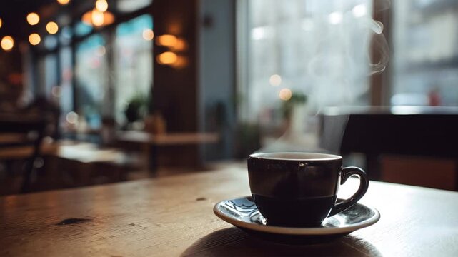 カフェのテーブルに置かれたコーヒーカップ、ほのかに湯気が上がる、シームレスループ動画