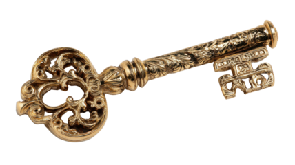 Ornate golden vintage skeleton key symbolizing security, mystery, treasure, and unlocking new opportunities, transparent background