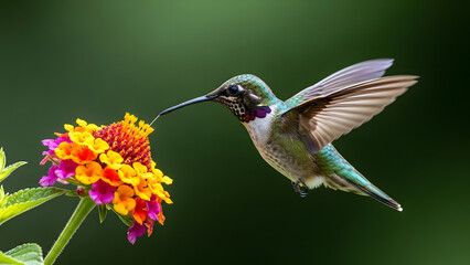 Fototapeta premium Hummingbird Feeding on Colorful Lantana Flower Nectar.