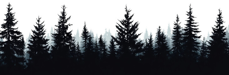 Abstract dark forest silhouette with white highlights isolated on transparent background