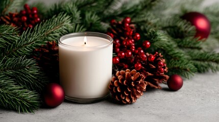 Christmas scented candle surrounded by pine branches and ornaments, product photo for advertising