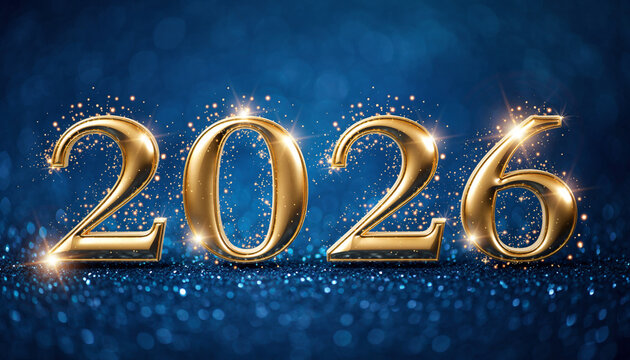 Golden numbers "2026" against a sparkling blue background, symbolizing the upcoming year. - Powered by Adobe