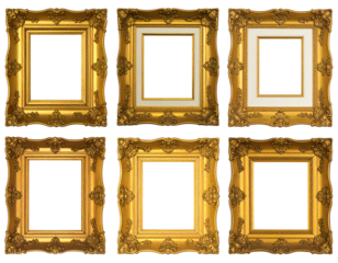 Six empty ornate golden frames with white spaces on black