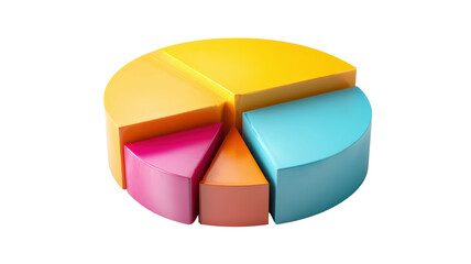 Colorful 3d pie chart graphic displaying data distribution and market share, financial statistics visualization with transparent background