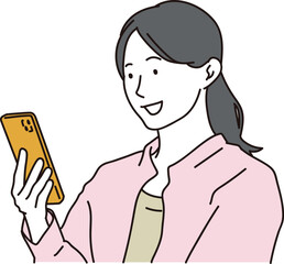 笑顔でスマホの画面を見ている女性のイラスト素材