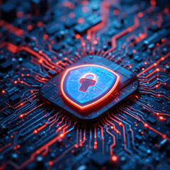 Cyber security concept of shield lock on computer chip with network lines