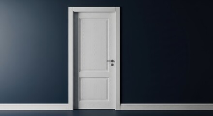 Closed white wooden door on a dark blue wall in a modern minimalist empty interior room background, 3 d render ai genereted.