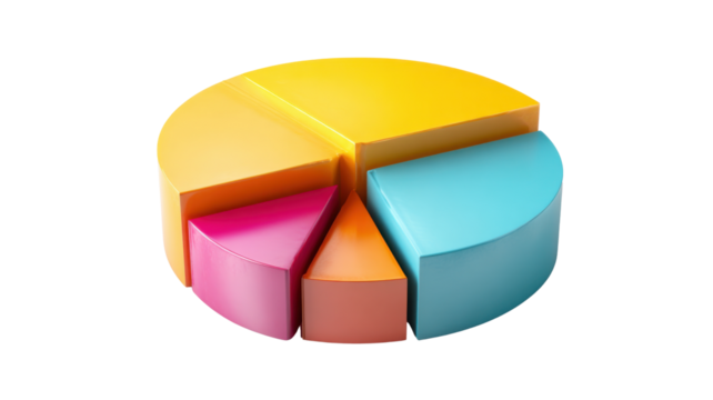 Colorful 3d pie chart graphic displaying data distribution and market share, financial statistics visualization with transparent background - Powered by Adobe