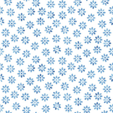 Seamless blue&white floral pattern. Hand drawn blue flowers. Soft watercolor texture. Perfect for textile.