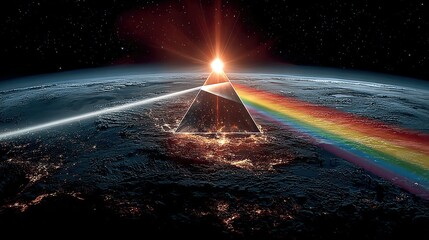 Abstract artwork of a prism refracting light into a rainbow over planet earth