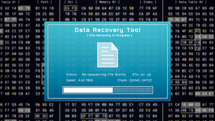 Data recovery process screen on cloud storage server, database protection backup for restore secure file sharing network, cyber security software technology illustration, retro computer monitor UI
