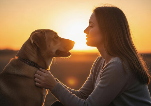 Woman and dog in profile sharing an intimate moment during golden hour sunset. Deep emotional bond, loyalty, and companionship backlit by warm light.
