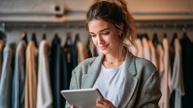 Smiling Young Woman Using Digital Tablet in Clothing Store