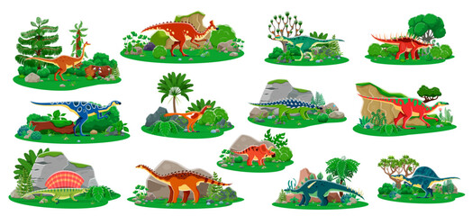 Naklejka premium Prehistoric cartoon dinosaurs and Jurassic lizards with reptiles in jungle forest, vector set. Kids dino collection of giant lizards and prehistoric animals for encyclopedia or dinosaurs atlas book