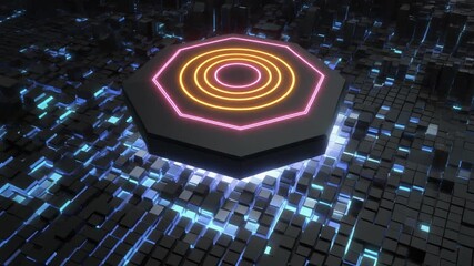 Abstract glowing octagon platform over blocky blue lit landscape - Powered by Adobe