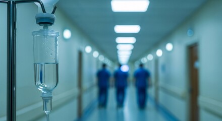 Intravenous drip in a hospital corridor with blurred medical staff walking away