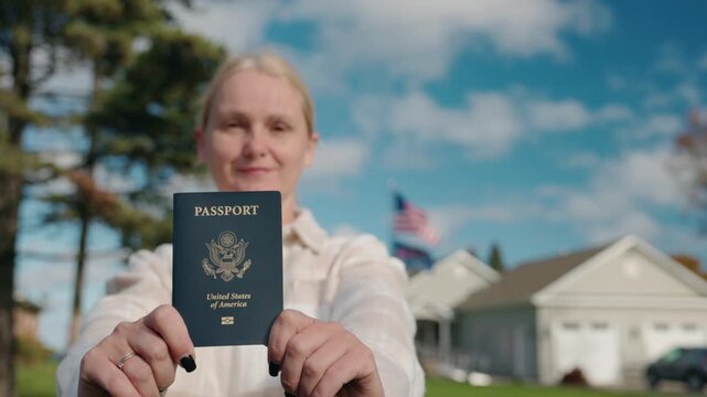Smiling woman holding a United States passport outdoors with an American flag and suburban houses in the background on a sunny day