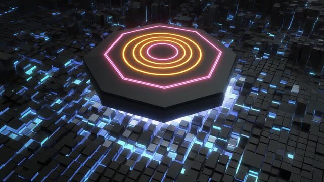 Abstract glowing octagon platform over blocky blue lit landscape