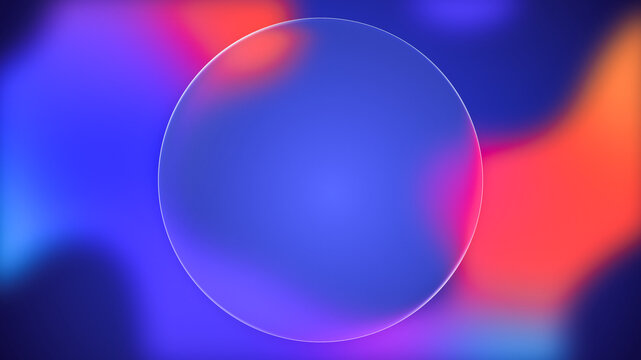 Transparent circle liquid glass frame background, realistic blank glassmorphism user interface, abstract empty frosted plate on blue fluid gradient backdrop, blur UI display design illustration