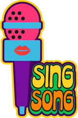 Sing song music Y2K groovy sticker or symbol. Karaoke bar funky label, music festival concert Y2K funky vector patch. Musical art melody tag or sticker with signing microphone and funky typography